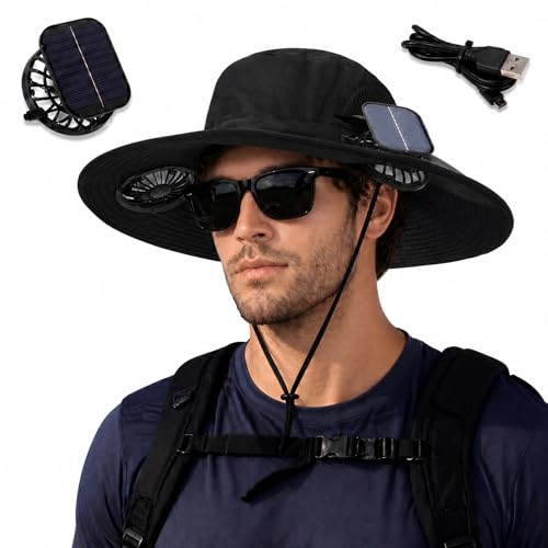 Berlune Sun Hat with 2 Solar Fan Wide Brim Fishing Bucket Hat USB Solar for Men Women UPF 50 Cooling for Fishing BeachBlack59 Inch Brim - Image 1