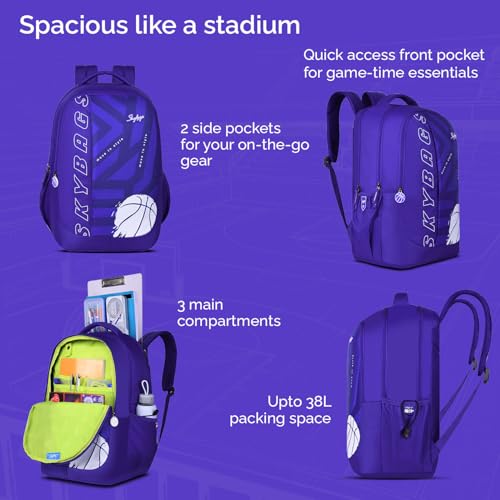 Skybags Klan V2 04 Basketball 38 Liters Premium Polyester Fabric School Backpack for Kids with Multiple Compartments and Adjustable Strap - Boys & Girls (Blue) - Image 4