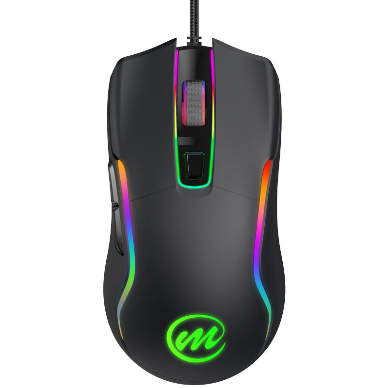 memzuoix Wired Gaming Mouse with RGB - 6 Adjustable DPI up to 12800, 6 Buttons, 12 Lighting Modes, Ergonomic Design with Anti-Slip Rubber Wheel, 5.6ft Braided Cable for PC/Mac/Windows - Black - Image 1