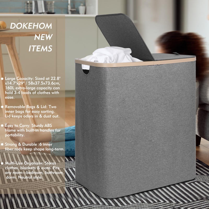 DOKEHOM 160L Double Laundry Basket with Removable Lid and Laundry Bags, Large Collapsible Laundry Hamper with 2 Sections (Dark Grey) - Image 2