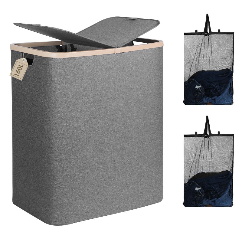 DOKEHOM 160L Double Laundry Basket with Removable Lid and Laundry Bags, Large Collapsible Laundry Hamper with 2 Sections (Dark Grey) - Image 1