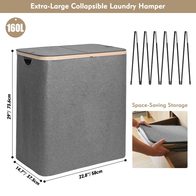 DOKEHOM 160L Double Laundry Basket with Removable Lid and Laundry Bags, Large Collapsible Laundry Hamper with 2 Sections (Dark Grey) - Image 3