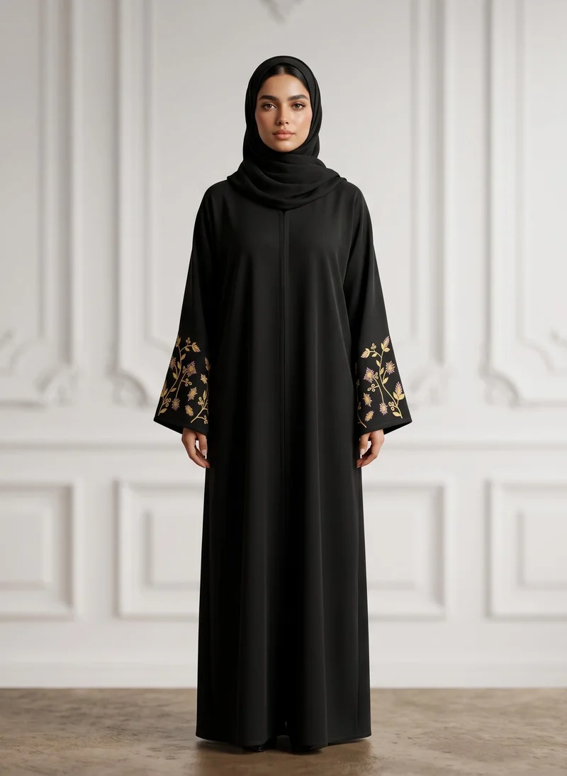 Golden Flora Embroidered Abaya | Nida Fabtic-946