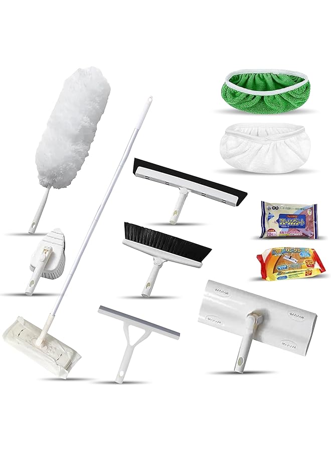 promass 7-in-1 Household Cleaning Set, Extendable Pole, Fiber Duster, Electrostatic Flat mop, Broom, Tile scrubber, Wiper/Scraper Broom, Window Cleaner 30 Dry and 20 Wet Disposable Sweeper Cloths - Image 1