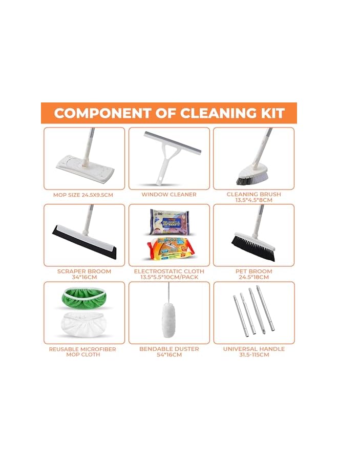 promass 7-in-1 Household Cleaning Set, Extendable Pole, Fiber Duster, Electrostatic Flat mop, Broom, Tile scrubber, Wiper/Scraper Broom, Window Cleaner 30 Dry and 20 Wet Disposable Sweeper Cloths - Image 2