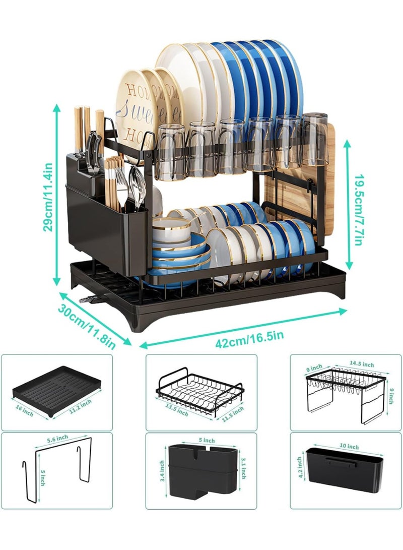 Eworld 2-Tier Stainless Steel Dish Drying Rack with Drainboard & Utensil Holder – Large Capacity Kitchen Organizer for Plates, Bowls, Cups & Bottles – Black - Image 2