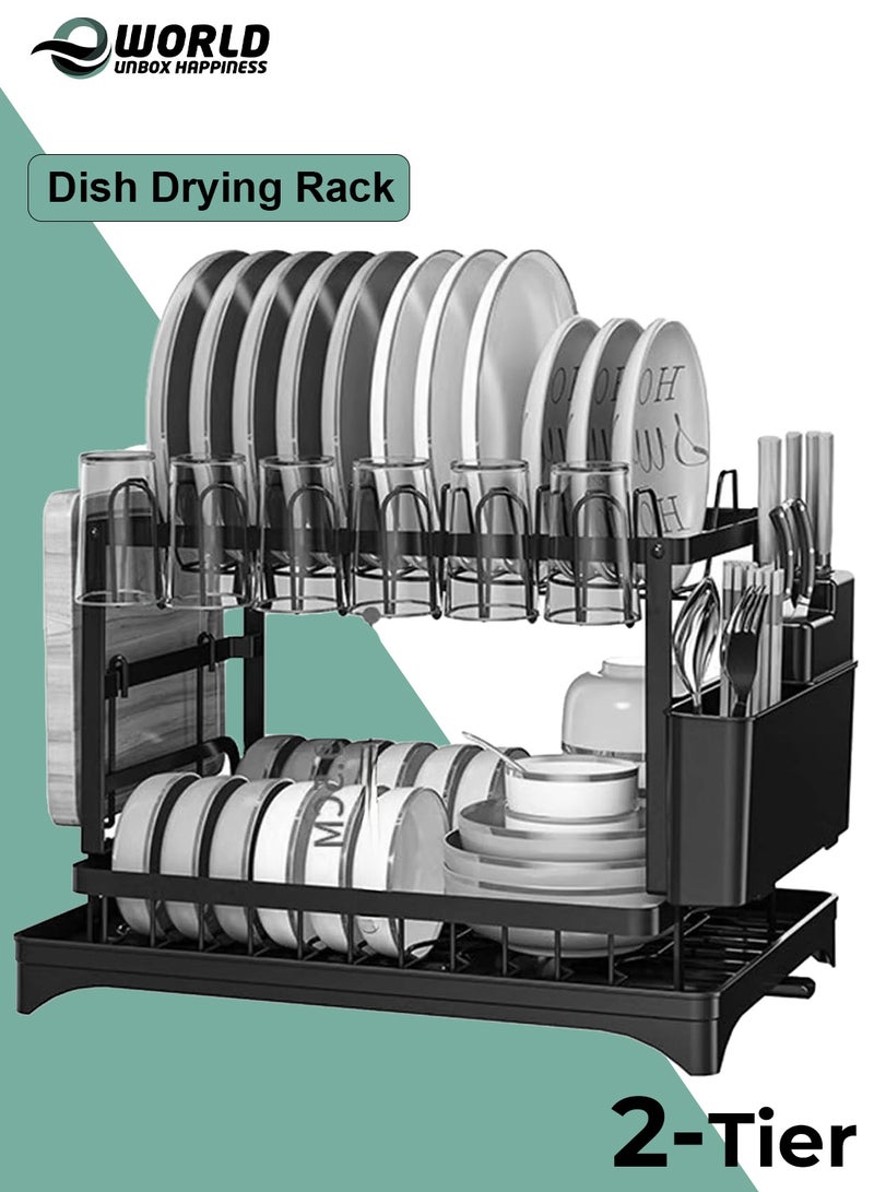 Eworld 2-Tier Stainless Steel Dish Drying Rack with Drainboard & Utensil Holder – Large Capacity Kitchen Organizer for Plates, Bowls, Cups & Bottles – Black - Image 1