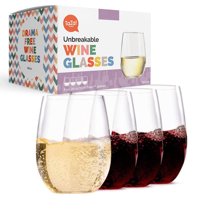 Taza Outdoor Wine Glasses Stemless 20oz Set of 4 Unbreakable Tritan Plastic Drinkware Dishwasher Safe Reusable Glasses Clear Shatterproof Glassware