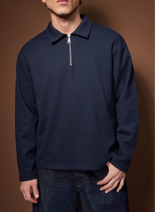 trendyol Navy Blue Oversize Polo Neck Plain Polo Neck TShirt/Sweatshirt - Image 3