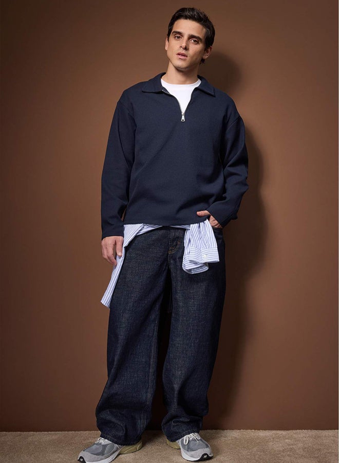 trendyol Navy Blue Oversize Polo Neck Plain Polo Neck TShirt/Sweatshirt - Image 1
