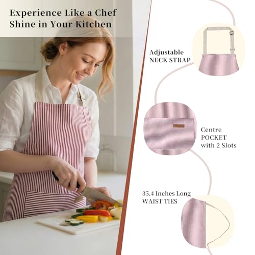 ARBINSON 2 Pack Cooking Aprons Adjustable Bib Apron for Women with 2 Pockets, Kitchen Restaurant Men Chefs Aprons (Pink/Blue Stripes) - Image 2