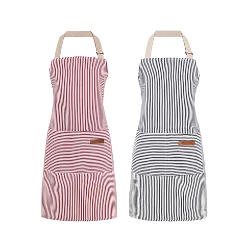 ARBINSON 2 Pack Cooking Aprons Adjustable Bib Apron for Women with 2 Pockets, Kitchen Restaurant Men Chefs Aprons (Pink/Blue Stripes) - Image 1