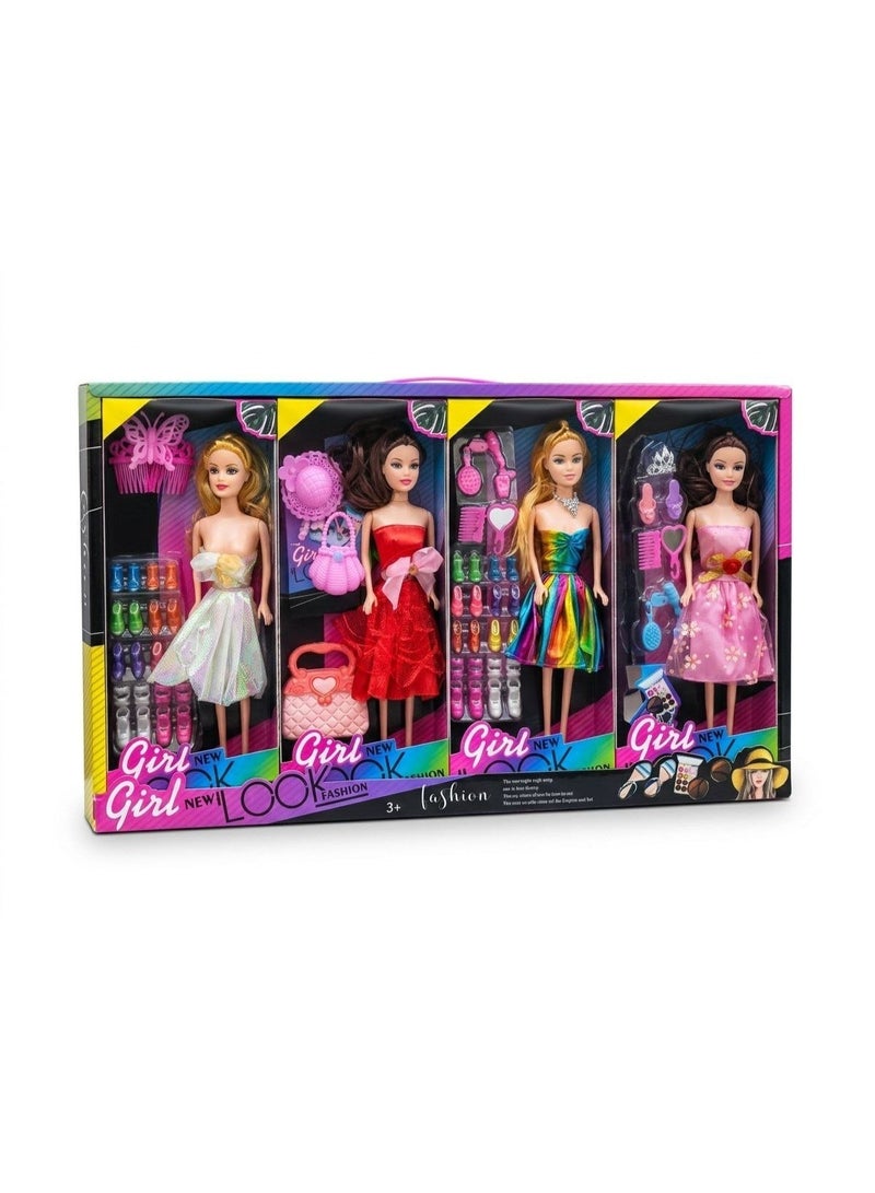 Girls Fashion Doll Set | 4 Dolls with Dresses & Full Accessories (Shoes, Bags, Hair Comb & Styling) Pretend Play Toy Age 3+ - Image 1