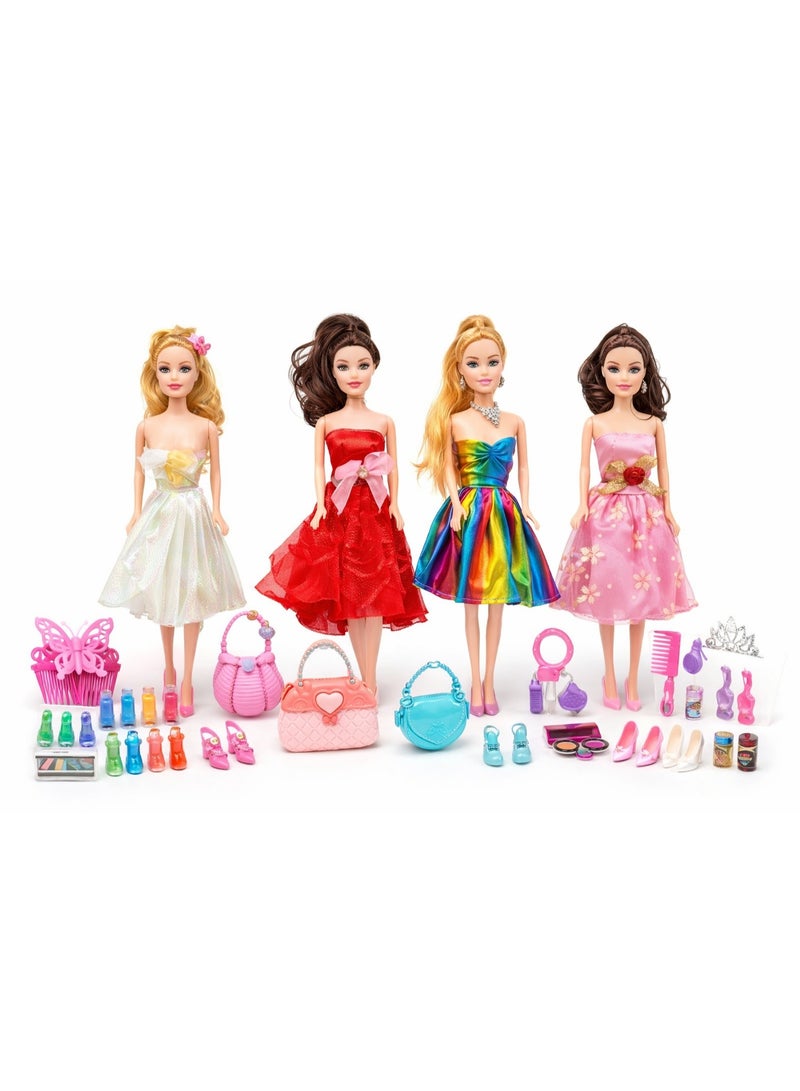Girls Fashion Doll Set | 4 Dolls with Dresses & Full Accessories (Shoes, Bags, Hair Comb & Styling) Pretend Play Toy Age 3+ - Image 3