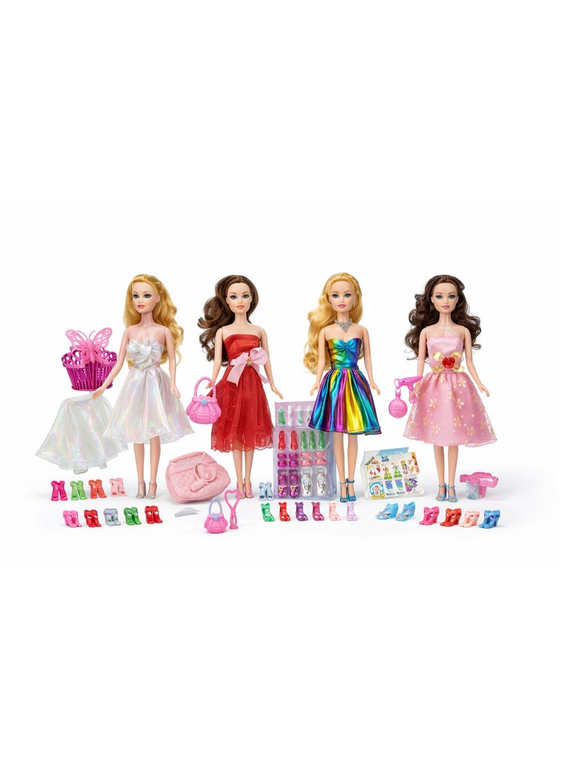 Girls Fashion Doll Set | 4 Dolls with Dresses & Full Accessories (Shoes, Bags, Hair Comb & Styling) Pretend Play Toy Age 3+ - Image 2