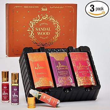 DUKHNI Sandalwood Attar Oil Set by Dukhni Arabian sandalwood perfume oils 3 assorted scents x 6ml Alcohol free Vegan Sandalia Collection Set for Gifting Chandan Prayer Oils Islamic Fragrances - Image 1