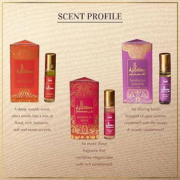 DUKHNI Sandalwood Attar Oil Set by Dukhni Arabian sandalwood perfume oils 3 assorted scents x 6ml Alcohol free Vegan Sandalia Collection Set for Gifting Chandan Prayer Oils Islamic Fragrances - Image 3