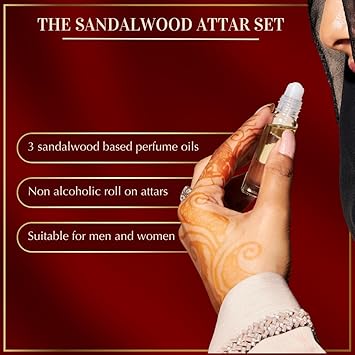 DUKHNI Sandalwood Attar Oil Set by Dukhni Arabian sandalwood perfume oils 3 assorted scents x 6ml Alcohol free Vegan Sandalia Collection Set for Gifting Chandan Prayer Oils Islamic Fragrances - Image 2