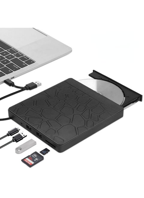 محرك أقراص DVD خارجي للكمبيوتر المحمول، محرك أقراص بصري USB 3.0 Type-C CD DVD +/-RW، قارئ أقراص مضغوطة/DVD ROM محمول مع فتحتين للبطاقات و3 منافذ USB، لأجهزة الكمبيوتر المكتبية بنظام التشغيل Windows 10/8/7 Linux OS Apple