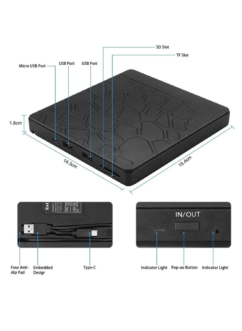 محرك أقراص DVD خارجي للكمبيوتر المحمول، محرك أقراص بصري USB 3.0 Type-C CD DVD +/-RW، قارئ أقراص مضغوطة/DVD ROM محمول مع فتحتين للبطاقات و3 منافذ USB، لأجهزة الكمبيوتر المكتبية بنظام التشغيل Windows 10/8/7 Linux OS Apple
