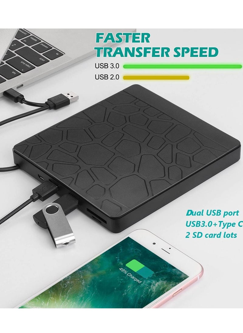 محرك أقراص DVD خارجي للكمبيوتر المحمول، محرك أقراص بصري USB 3.0 Type-C CD DVD +/-RW، قارئ أقراص مضغوطة/DVD ROM محمول مع فتحتين للبطاقات و3 منافذ USB، لأجهزة الكمبيوتر المكتبية بنظام التشغيل Windows 10/8/7 Linux OS Apple