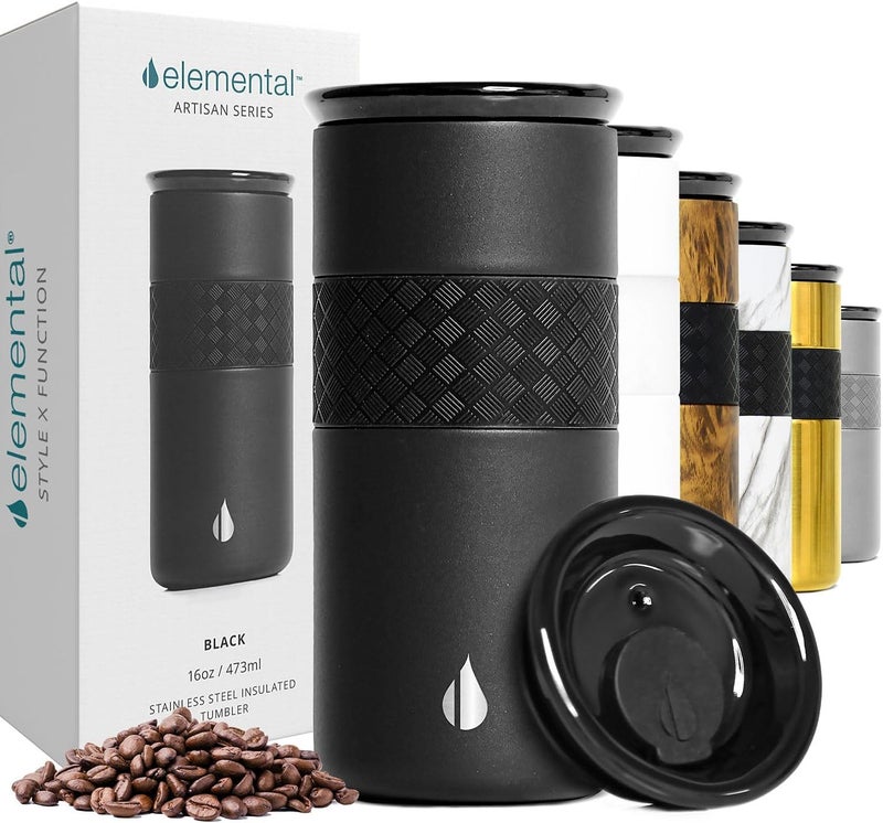 Elemental Artisan Insulated Tumbler, Triple Wall Coffee Travel Tumbler, Reusable Stainless Steel Coffee Tumbler with Ceramic Lid, Thermal Coffee Cup for Hot (6 Hrs) & Cold (18 Hrs) 16oz - Matte Black - Image 1