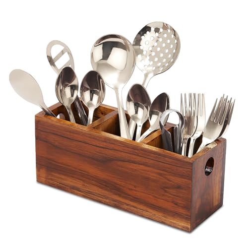 ROSTON Cutley Holder for Kitchen Dining Table Hotel Teak Wood Premium Kitchen Accessories (3 Compartment)24L x 9.5W x 10H cm), Brown - Image 1