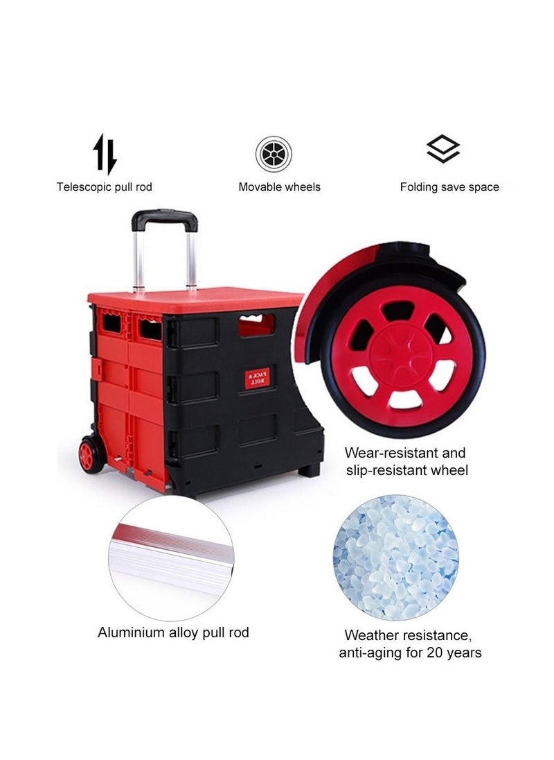 Foldable Utility Cart Rolling Crate Shopping Cart Grocery Hand Pull 4 Wheels 177 Lbs Trolley Dolly 360°Rotate Wheel Silent for Storage for Travel/Office/Teachers/School/Moving Luggage Supplies