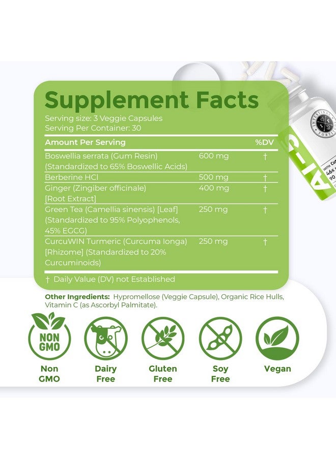 Intestinal Fortitude قوة الأمعاء AI-5 - مكمل كبسولات عشبية للهضم مع CurcuWIN، الكركم، الكركمين، بوسويليا سيراتا، جذر الزنجبيل و EGCG الشاي الأخضر لدعم صحة الأمعاء والهضم، خالي من الكائنات المعدلة وراثيًا، خالي من الألبان - Image 2
