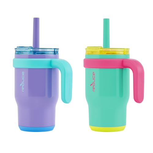 REDUCE 14 oz Coldee Tumbler with Handle for Kids - 2 Pack, Leakproof Insulated Stainless Steel Mug with Lid & Spill-Proof Straw, Keeps Drinks Cold up to 18 Hrs, Purple and Teal - Image 2