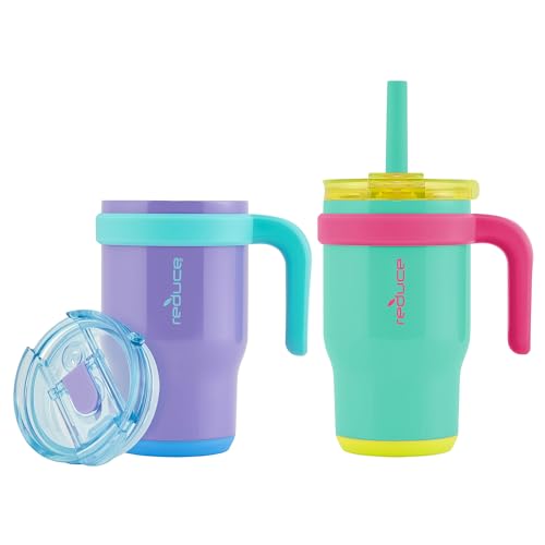 REDUCE 14 oz Coldee Tumbler with Handle for Kids - 2 Pack, Leakproof Insulated Stainless Steel Mug with Lid & Spill-Proof Straw, Keeps Drinks Cold up to 18 Hrs, Purple and Teal - Image 3
