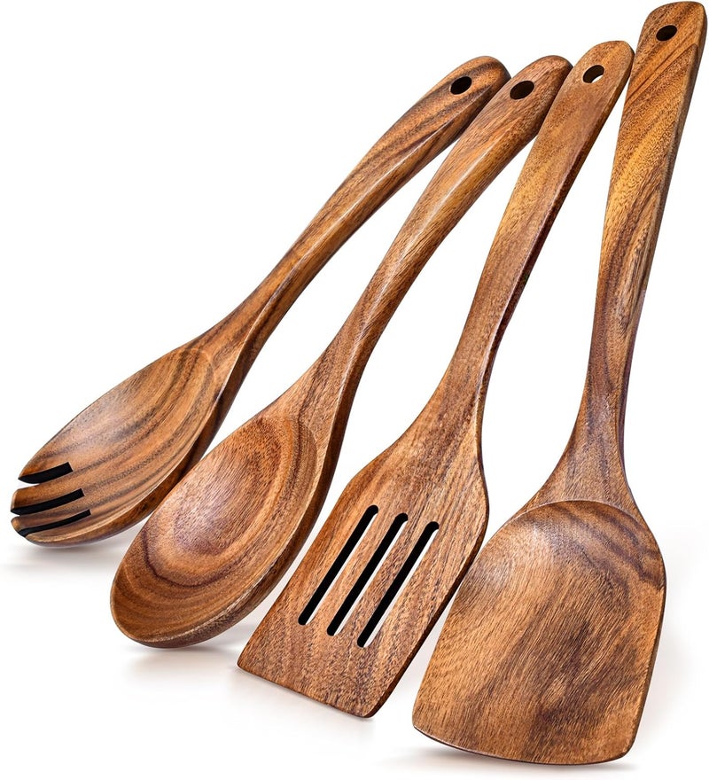 MemoGem 4Pcs Wooden Spoons for Cooking, Acacia Wood Kitchen Utensils Set for Nonstick Pans, Smooth Finish Cooking Utensils with Long Handle, Wooden Spatula for Cooking, Mixing, Baking - Image 1