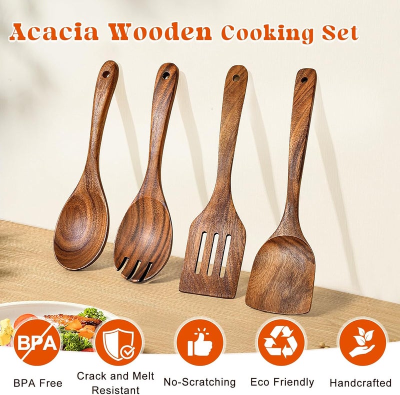 MemoGem 4Pcs Wooden Spoons for Cooking, Acacia Wood Kitchen Utensils Set for Nonstick Pans, Smooth Finish Cooking Utensils with Long Handle, Wooden Spatula for Cooking, Mixing, Baking - Image 2