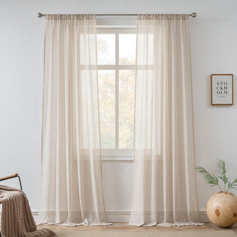 FMFUNCTEX Linen Sheer Curtains for Bedroom, Taupe Curtains 63 Inch Length for Living Room, Brown Farmhouse French Flax Blend Window Draperies, Rod Pocket 2 Panels Set - Image 1