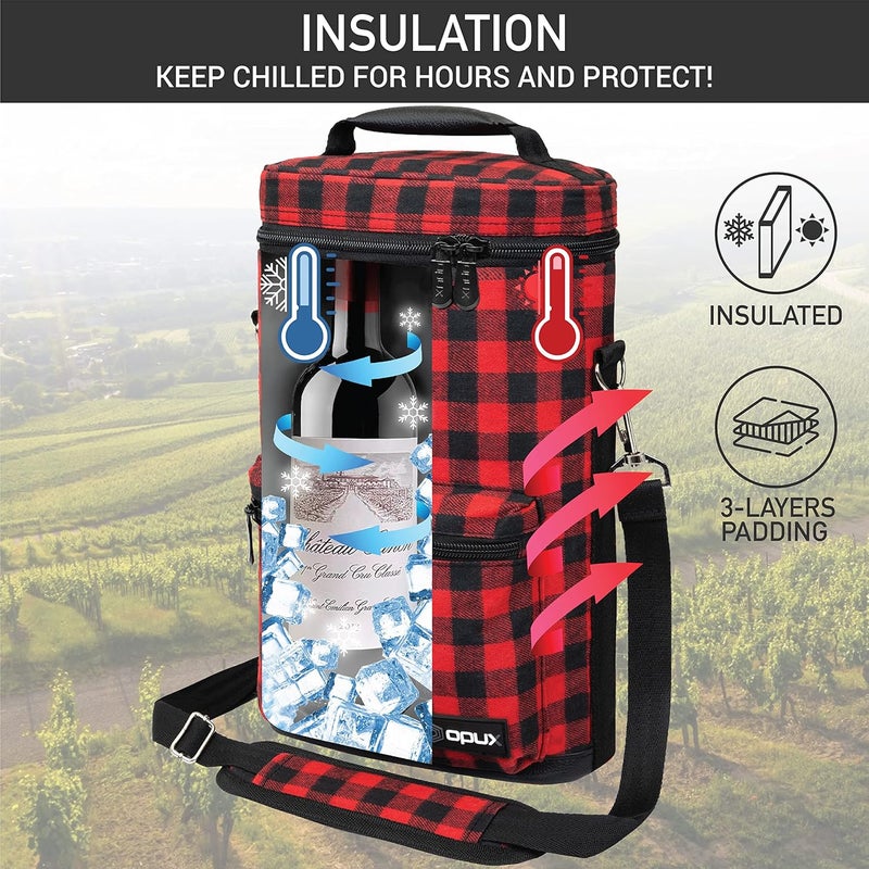 OPUX 2 Bottle Wine Tote Carrier, Insulated Cooler Bag for Travel Picnic, Leakproof Padded Case, Wine Gifts for Women & Men, Plaid Buffalo Red - Image 2