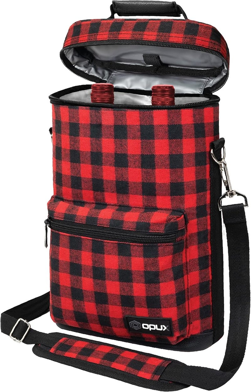 OPUX 2 Bottle Wine Tote Carrier, Insulated Cooler Bag for Travel Picnic, Leakproof Padded Case, Wine Gifts for Women & Men, Plaid Buffalo Red - Image 1