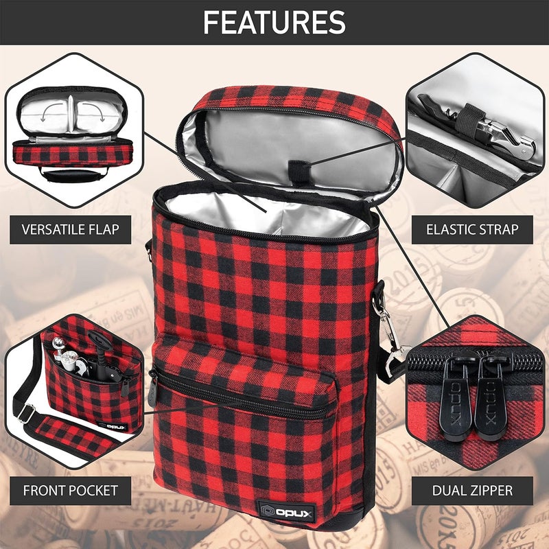 OPUX 2 Bottle Wine Tote Carrier, Insulated Cooler Bag for Travel Picnic, Leakproof Padded Case, Wine Gifts for Women & Men, Plaid Buffalo Red - Image 4