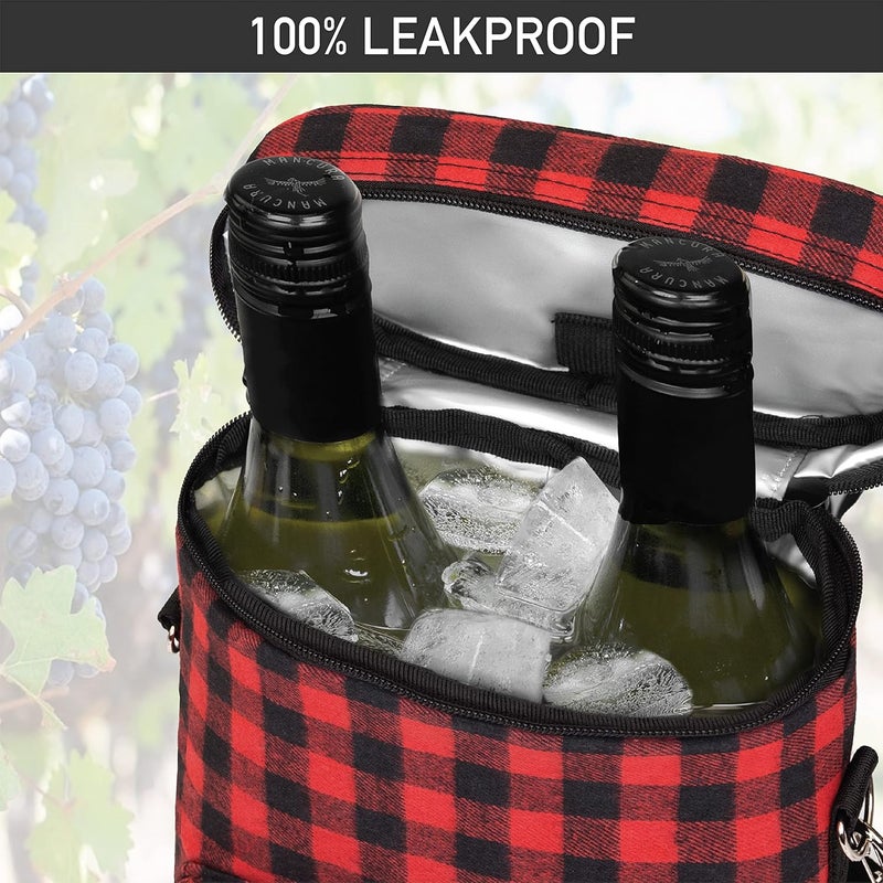 OPUX 2 Bottle Wine Tote Carrier, Insulated Cooler Bag for Travel Picnic, Leakproof Padded Case, Wine Gifts for Women & Men, Plaid Buffalo Red - Image 5