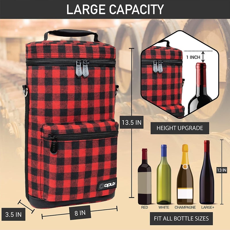 OPUX 2 Bottle Wine Tote Carrier, Insulated Cooler Bag for Travel Picnic, Leakproof Padded Case, Wine Gifts for Women & Men, Plaid Buffalo Red - Image 3