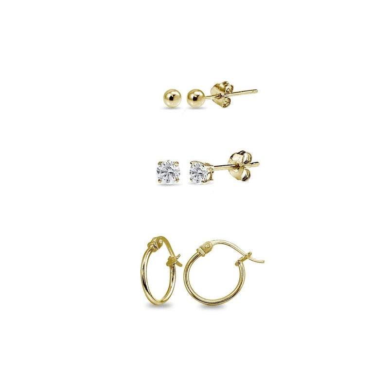 Hoops 4 Less 3 Pr Gold Flash Sterling Silver Unisex 12mm Small Hoops, 3mm Round Ball Stud & CZ Stud Earrings Set for Men - Image 1