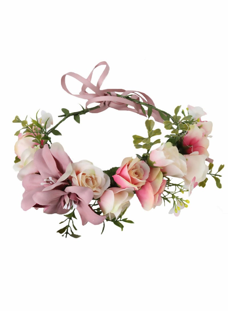 Excefore عصابة رأس على شكل زهرة، تاج زهور للسيدات قابل للتعديل، عصابة رأس بوهو إكليل شعر هالة مع شريط لحفلات الزفاف والمهرجانات صور الدعائم - Image 1