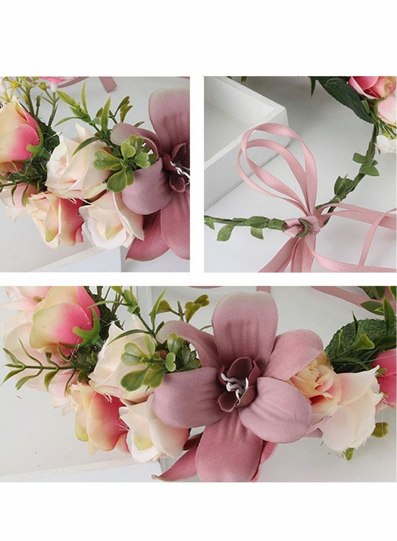 Excefore عصابة رأس على شكل زهرة، تاج زهور للسيدات قابل للتعديل، عصابة رأس بوهو إكليل شعر هالة مع شريط لحفلات الزفاف والمهرجانات صور الدعائم - Image 4