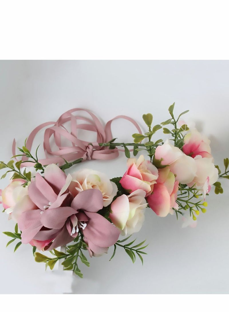 Excefore عصابة رأس على شكل زهرة، تاج زهور للسيدات قابل للتعديل، عصابة رأس بوهو إكليل شعر هالة مع شريط لحفلات الزفاف والمهرجانات صور الدعائم - Image 5