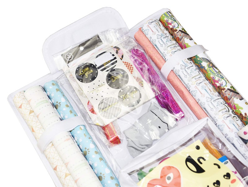 Freegrace Double Sided Hanging Gift Wrap Organizer | Large 16" x 41" Wrapping Paper Rolls Storage Bag | Tearproof & Space Saving Closet Gift Bag Organization Solution | Sturdy Zippers & Robust Adhesive Strip - Image 2