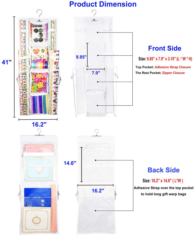 Freegrace Double Sided Hanging Gift Wrap Organizer | Large 16" x 41" Wrapping Paper Rolls Storage Bag | Tearproof & Space Saving Closet Gift Bag Organization Solution | Sturdy Zippers & Robust Adhesive Strip - Image 1