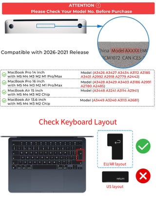 Premium Keyboard Cover Ultra Thin Protector Skin for 2026-2021 MacBook Pro 14 16 inch M5 M4 M3 M2 M1 Pro/Max, MacBook Air 15" 13.6" M5 M4 M3 M2 Chip, EU&AR Layout - view 2