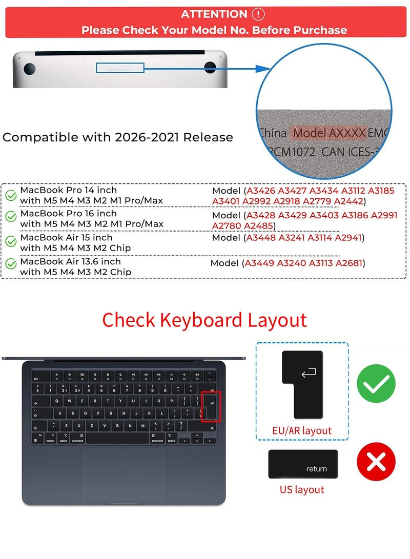 سجيت غطاء لوحة مفاتيح فاخر فائق النحافة للحماية، متوافق مع MacBook Pro مقاس 14 و16 بوصة موديلات 2026-2021 بشريحة M5 / M4 / M3 / M2 / M1 Pro/Max، ومتوافق مع MacBook Air مقاس 15 بوصة و13.6 بوصة بشريحة M5 / M4 / M3 / M2، تصميم EU وAR - Image 2