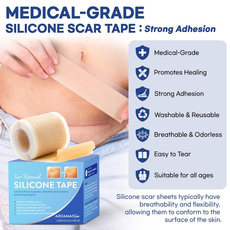 Aroamas Scar Silicone Scar Sheets â€“ Silicone Scar Tape â€“ 1.6"x60" for Softening and Flattening Scars, C-Section, Keloid, Surgery â€“ Reusable & Washable â€“ Painless Removal â€“ 3-4 Month Supply - Image 2