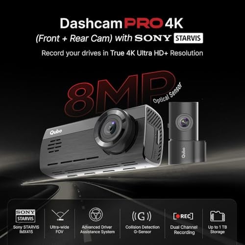 Qubo Car Dashcam Pro 4K | True 4K with Sony STARVIS IMX415 Sensor | Dual Channel | ADAS | NightPulse Vision | 8MP UHD+ Front Wide, 2MP FHD Rear | 2.8" LCD | Built-in GPS, Wi-Fi | Up to 1TB Storage - Image 2
