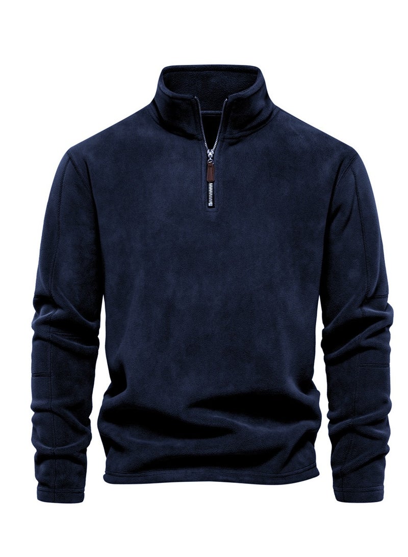 Loquat Men's Autumn And Winter Standing Collar Long Sleeved Hoodie Fleece Top Navy Blue  - Image 1